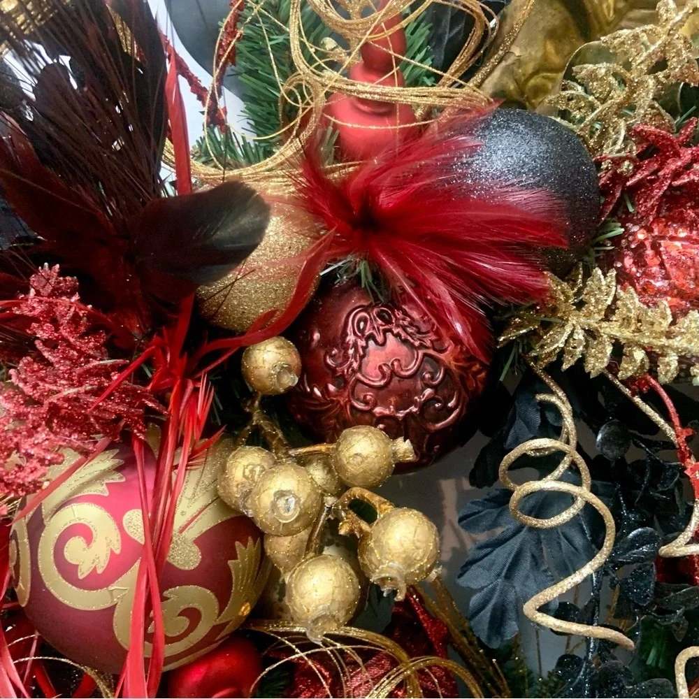 Elegant Unique Floral Christmas Contemporary Black Red Gold Door Wall Wreath